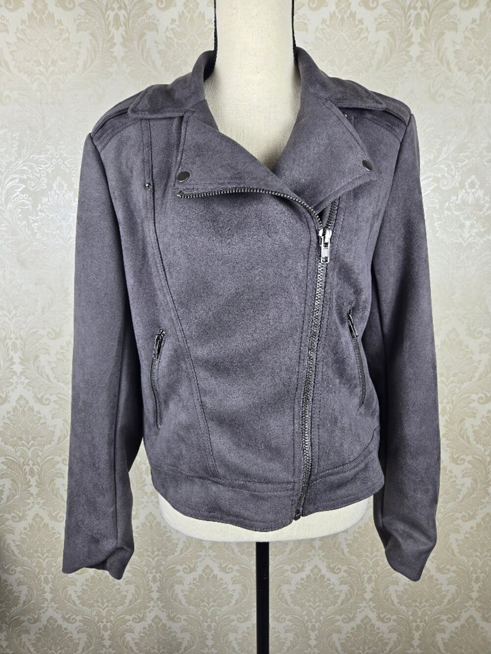 Philosphy Sz Medium Gray Faux Suede Moto Jacket Asymmetric Front Zipper Cropped